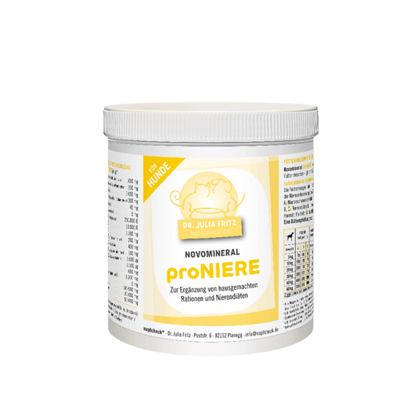 Runddose mit 500g Nahrungsergänzung für Hunde. Auf dem Etikett steht 'Dr. Julia Fritz', 'napfcheck.de', 'Novomineral', 'proNiere'.