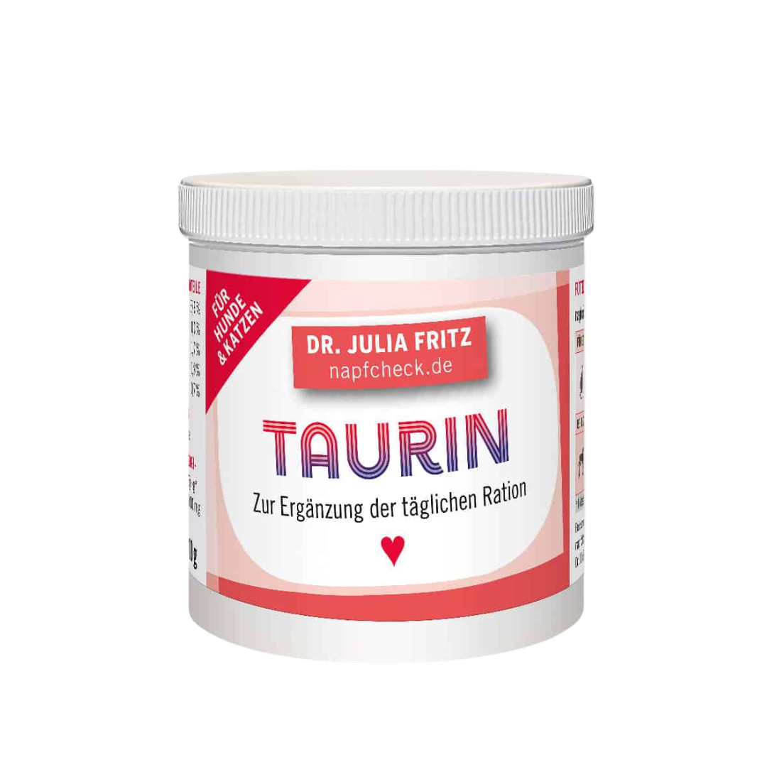 Runddose mit 100g Nahrungsergänzung für Hunde und Katzen. Auf dem Etikett steht 'Dr. Julia Fritz', 'napfcheck.de', 'Novomineral', 'Taurin'.