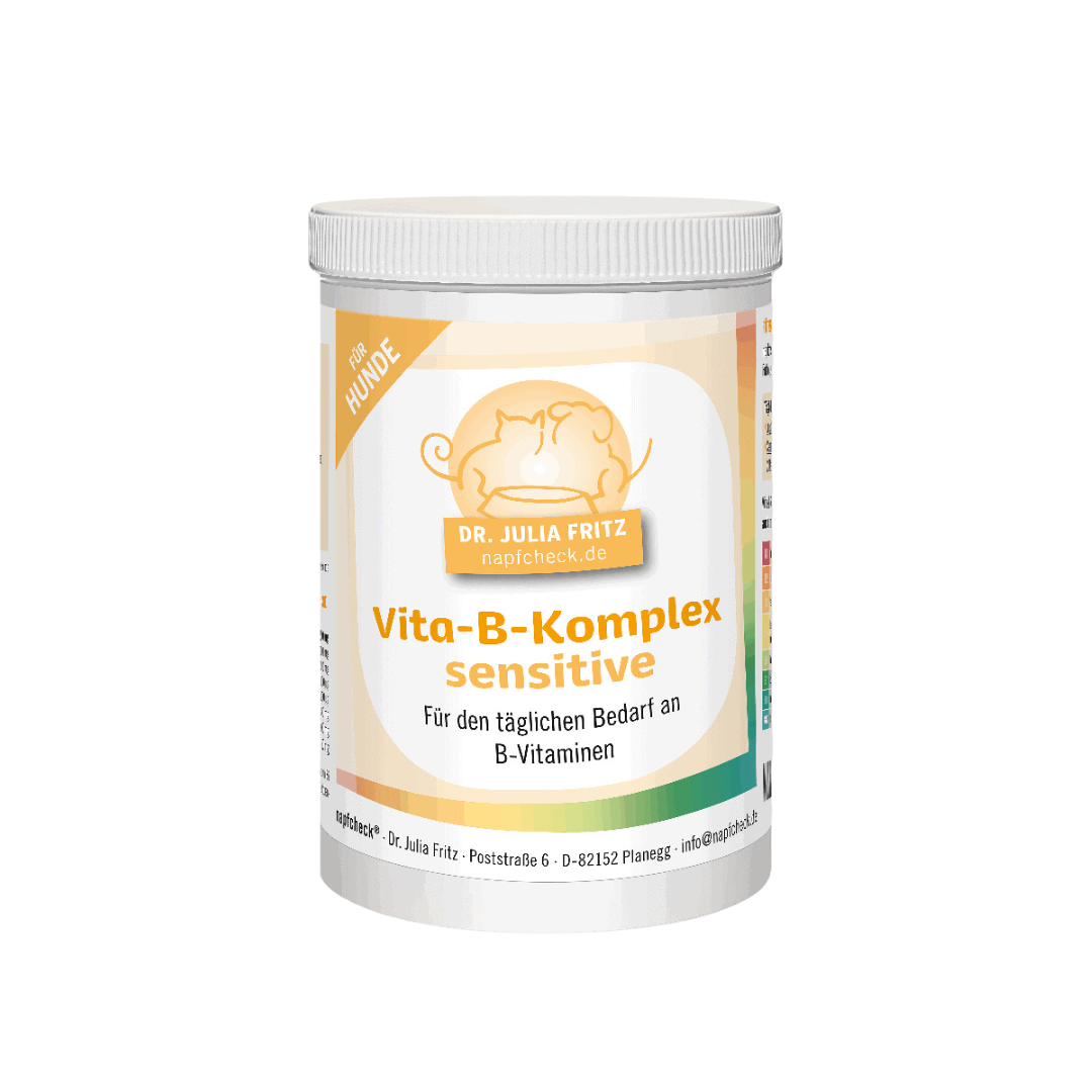 Runddose mit 180g Nahrungsergänzung für Hunde. Auf dem Etikett steht 'Dr. Julia Fritz', 'napfcheck.de', Vita-B-Komplex, sensitive