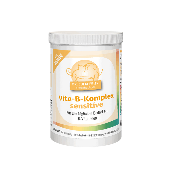 Runddose mit 180g Nahrungsergänzung für Hunde. Auf dem Etikett steht 'Dr. Julia Fritz', 'napfcheck.de', Vita-B-Komplex, sensitive