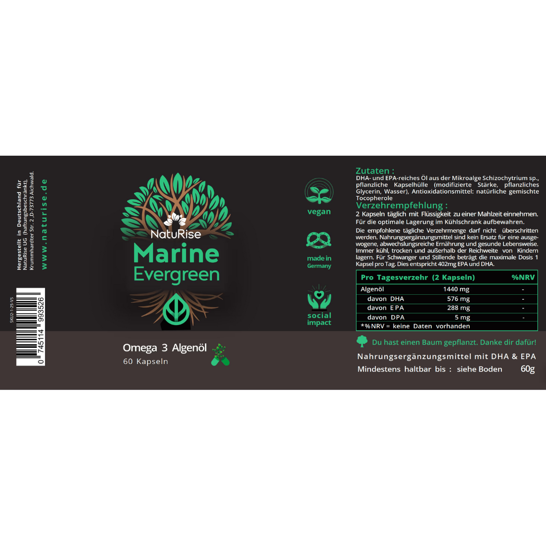 Beschriftet mit 'NatuRise Marine Evergreen', enthält 60 Kapseln Algenöl mit Nährwertangaben