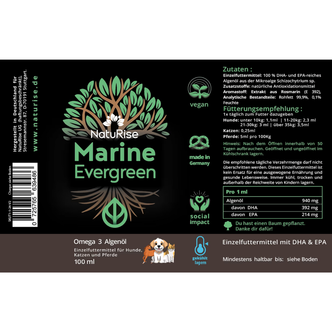 Beschriftet mit 'NatuRise Marine Evergreen', enthält 100 ml Omega-3-Algenöl mit Nährwertangaben