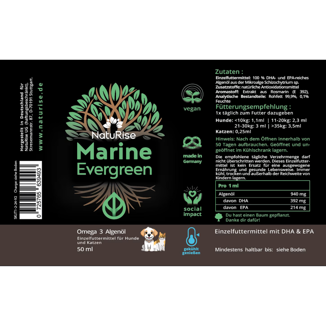 Beschriftet mit 'NatuRise Marine Evergreen', enthält 50 ml Omega-3-Algenöl mit Nährwertangaben