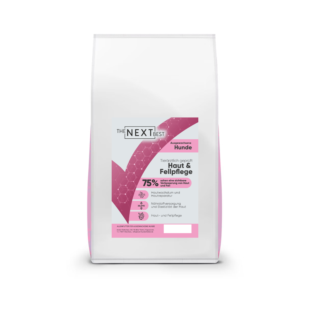 Weißer Futtersack von The Next Best mit der Sorte Haut & Fellpflege. Hochwertiges Hundefutter mit hohem Fleischanteil, ohne Getreide, künstliche Farb-, Aroma- und Konservierungsstoffe.
