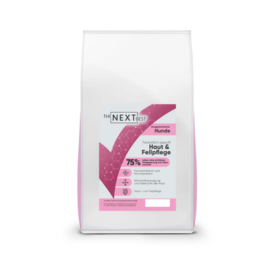 Weißer Futtersack von The Next Best mit der Sorte Haut & Fellpflege. Hochwertiges Hundefutter mit hohem Fleischanteil, ohne Getreide, künstliche Farb-, Aroma- und Konservierungsstoffe.