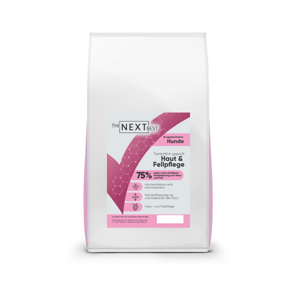 Weißer Futtersack von The Next Best mit der Sorte Haut & Fellpflege. Hochwertiges Hundefutter mit hohem Fleischanteil, ohne Getreide, künstliche Farb-, Aroma- und Konservierungsstoffe.