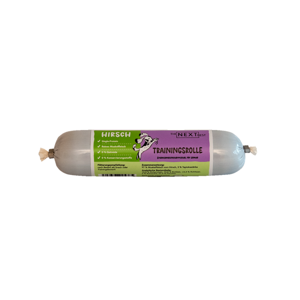 Graue Trainingsrolle mit Aufschrift 'HIRSCH', 'TRAININGSROLLE' und 'THE NEXT BEST' für Hunde, 200 Gramm, mit Wildfleisch
