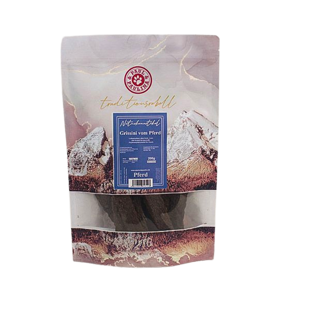 Verpackung von Grissini vom Pferd, 200g. Vorderseite zeigt eine Berglandschaft und ein blaues Etikett mit der Aufschrift 'Pferd'.