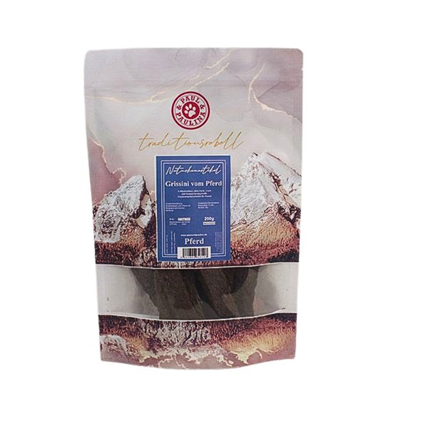 Verpackung von Grissini vom Pferd, 200g. Vorderseite zeigt eine Berglandschaft und ein blaues Etikett mit der Aufschrift 'Pferd'.