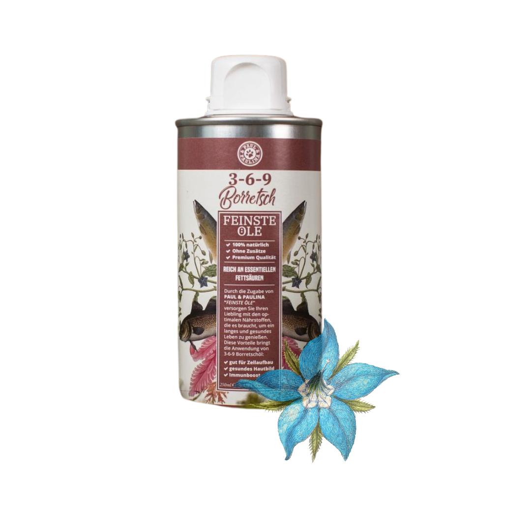 Dose mit 3-6-9 Borretsch Feinste Öle, 100 Prozent natürlich, mit Pflanzenillustrationen und blauem Blütenmotiv vorne