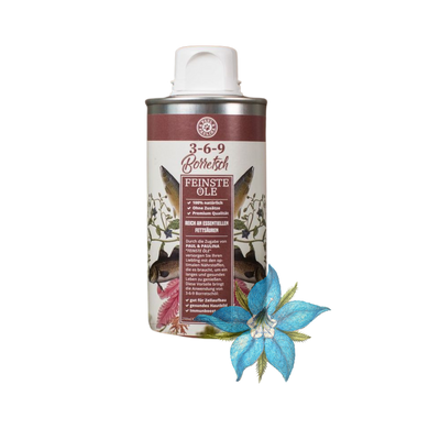 Dose mit 3-6-9 Borretsch Feinste Öle, 100 Prozent natürlich, mit Pflanzenillustrationen und blauem Blütenmotiv vorne