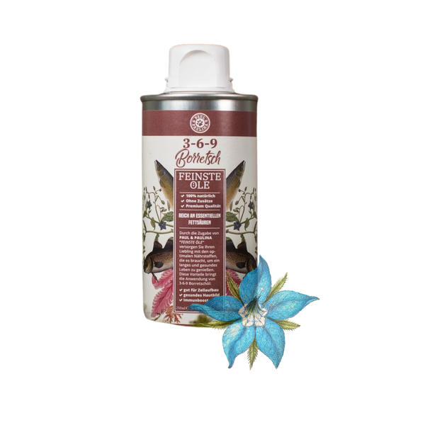 Dose mit 3-6-9 Borretsch Feinste Öle, 100 Prozent natürlich, mit Pflanzenillustrationen und blauem Blütenmotiv vorne