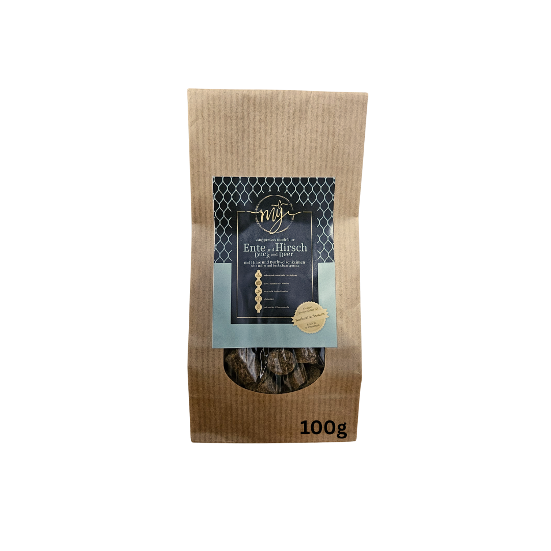 Braune Papiertüte mit Etikett Ente und Hirsch. Marke MY,100g