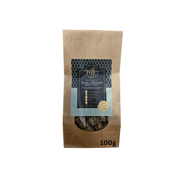 Braune Papiertüte mit Etikett Ente und Hirsch. Marke MY,100g