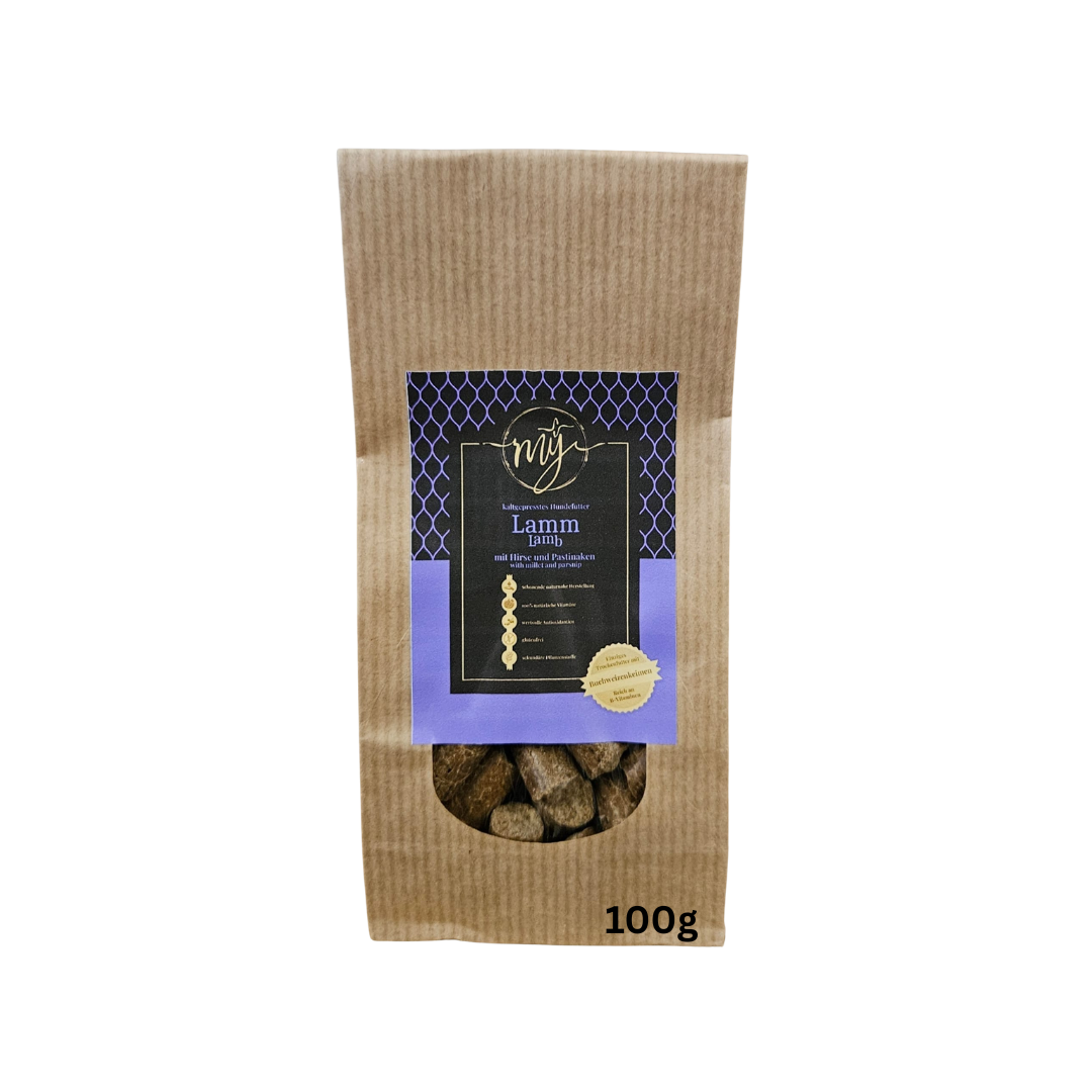 Braune Papiertüte, Etikett mit Muster Marke MY, Lamm mit Hirse und Patinake 100g
