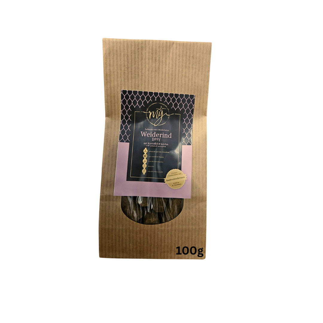 Braune Papiertüte, Etikett mit Muster Marke MY, Weiderind mit Kartoffel und Kürbis 100g