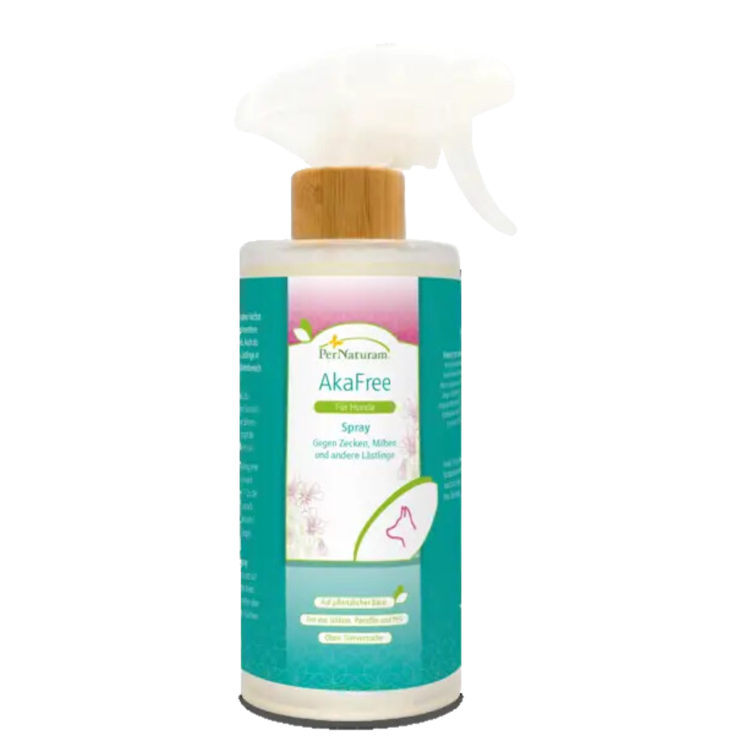 Sprühflasche PerNaturam AkaFree mit Holzoptik-Sprühkopf, grün-weißes Etikett, gegen Zecken, Milben und andere Lästlinge, mit Hundesymbol