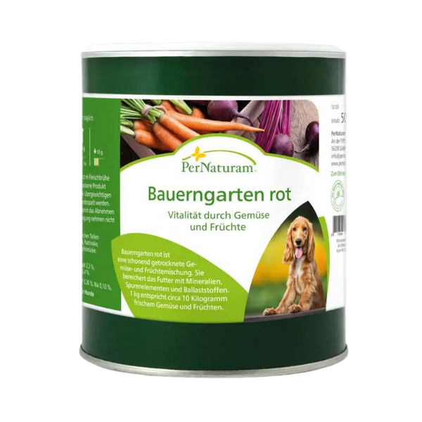 Grüne Dose PerNaturam Bauerngarten rot mit Bild von Karotten, Rüben und einem sitzenden Hund, Text zu Vitalität durch Gemüse und Früchte.