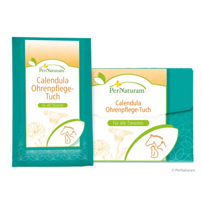 Verpackungen von PerNaturam Calendula Ohrenpflege-Tuch für alle Tierarten, mit Pflanzenillustrationen und Tierumrissen auf grün-weißem Hintergrund.