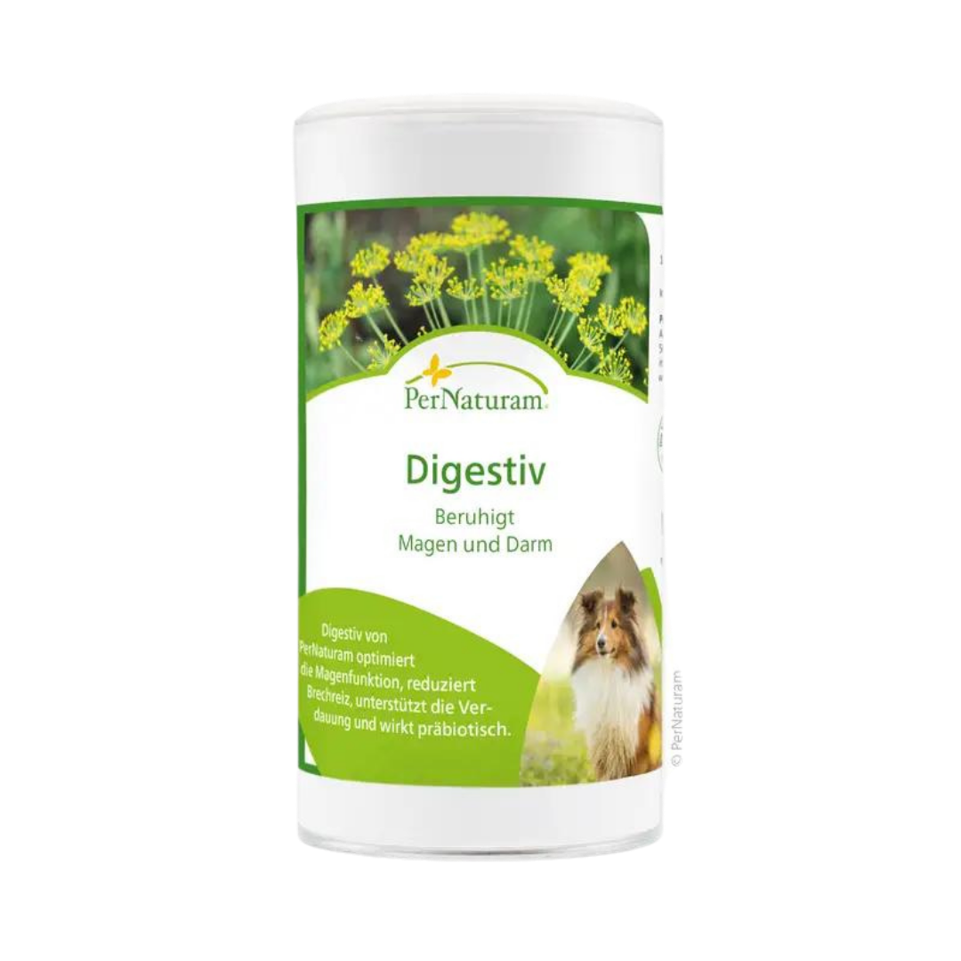 Weißer Behälter mit grünem Etikett der Marke PerNaturam, Produktname 'Digestiv', Hundebild und Text 'Beruhigt Magen und Darm' sichtbar.