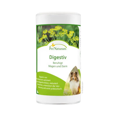 Weißer Behälter mit grünem Etikett der Marke PerNaturam, Produktname 'Digestiv', Hundebild und Text 'Beruhigt Magen und Darm' sichtbar.