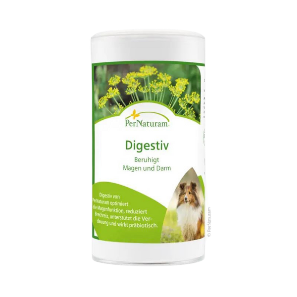 Weißer Behälter mit grünem Etikett der Marke PerNaturam, Produktname 'Digestiv', Hundebild und Text 'Beruhigt Magen und Darm' sichtbar.