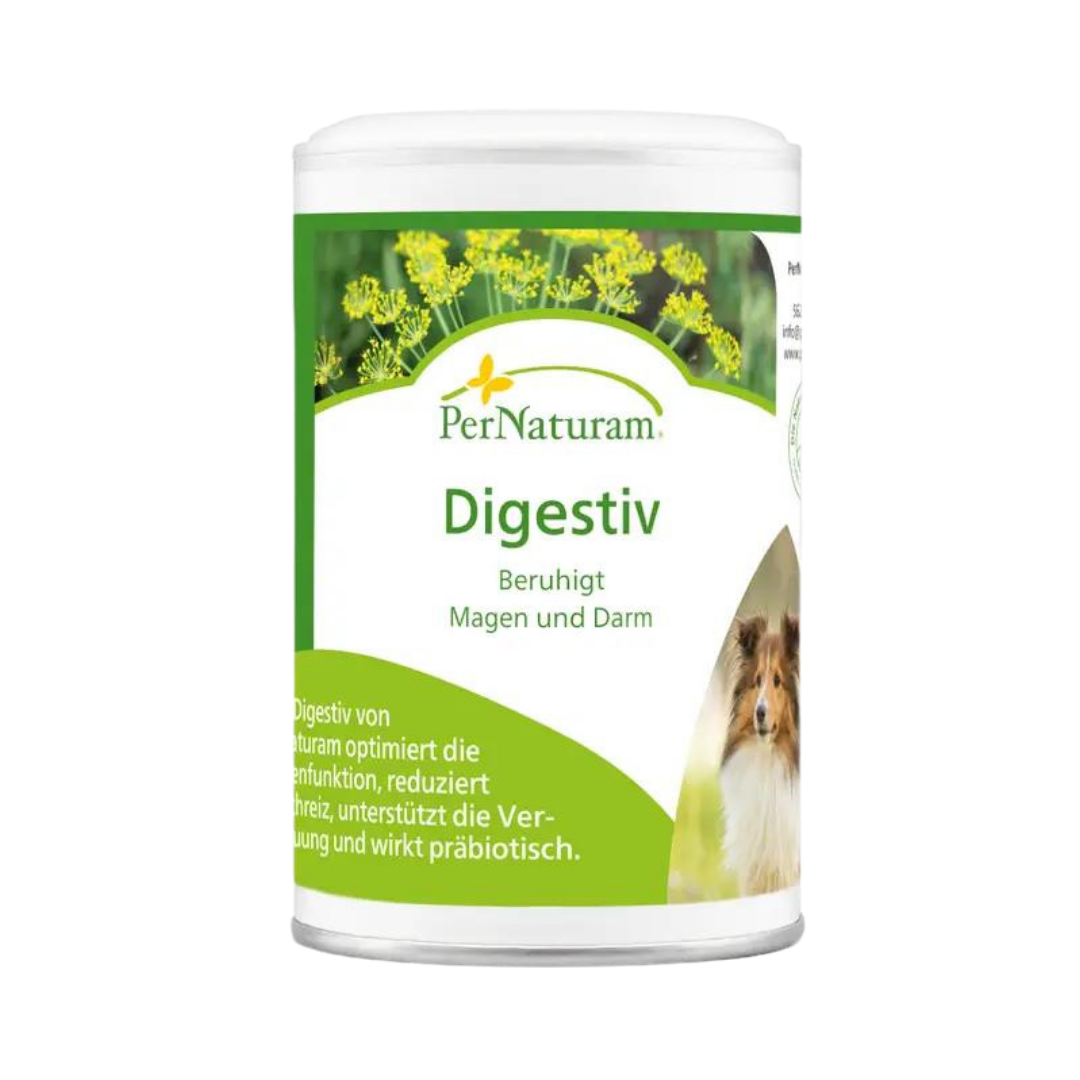Weißer Behälter mit grünem Etikett der Marke PerNaturam, Produktname 'Digestiv', Hundebild und Text 'Beruhigt Magen und Darm' sichtbar.