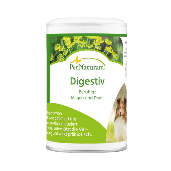 Weißer Behälter mit grünem Etikett der Marke PerNaturam, Produktname 'Digestiv', Hundebild und Text 'Beruhigt Magen und Darm' sichtbar.