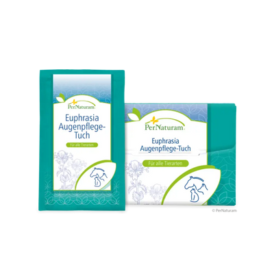 Verpackungen von PerNaturam Euphrasia Augenpflege-Tuch für alle Tierarten, mit Pflanzenillustrationen und Tierumrissen auf grün-weißem Hintergrund.