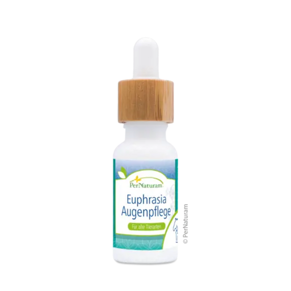 Weißes Fläschchen mit Holzdeckel und Pipette, beschriftet mit 'PerNaturam Euphrasia Augenpflege Für alle Tierarten'.