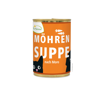 Konservendose mit orangefarbenem Etikett, darauf weiße Schrift 'MÖHREN SUPPE nach Moro' und zwei stilisierte schwarze Katzenköpf