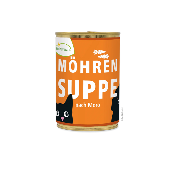 Konservendose mit orangefarbenem Etikett, darauf weiße Schrift 'MÖHREN SUPPE nach Moro' und zwei stilisierte schwarze Katzenköpf