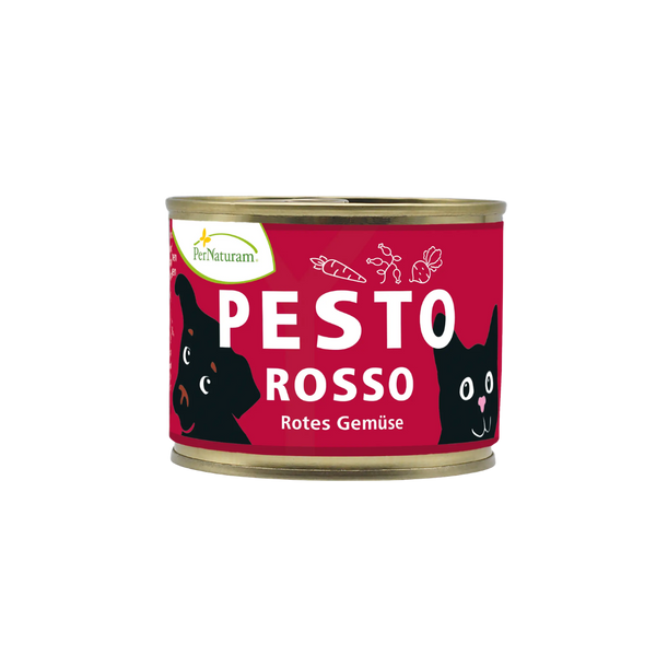 Dose mit rotem Etikett und der Aufschrift 'PESTO ROSSO Rotes Gemüse' sowie zwei stilisierten schwarzen Hundeköpfen