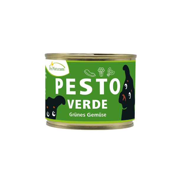 Dose mit grünem Etikett und der Aufschrift 'PESTO VERDE Grünes Gemüse' sowie zwei stilisierten schwarzen Hundeköpfen