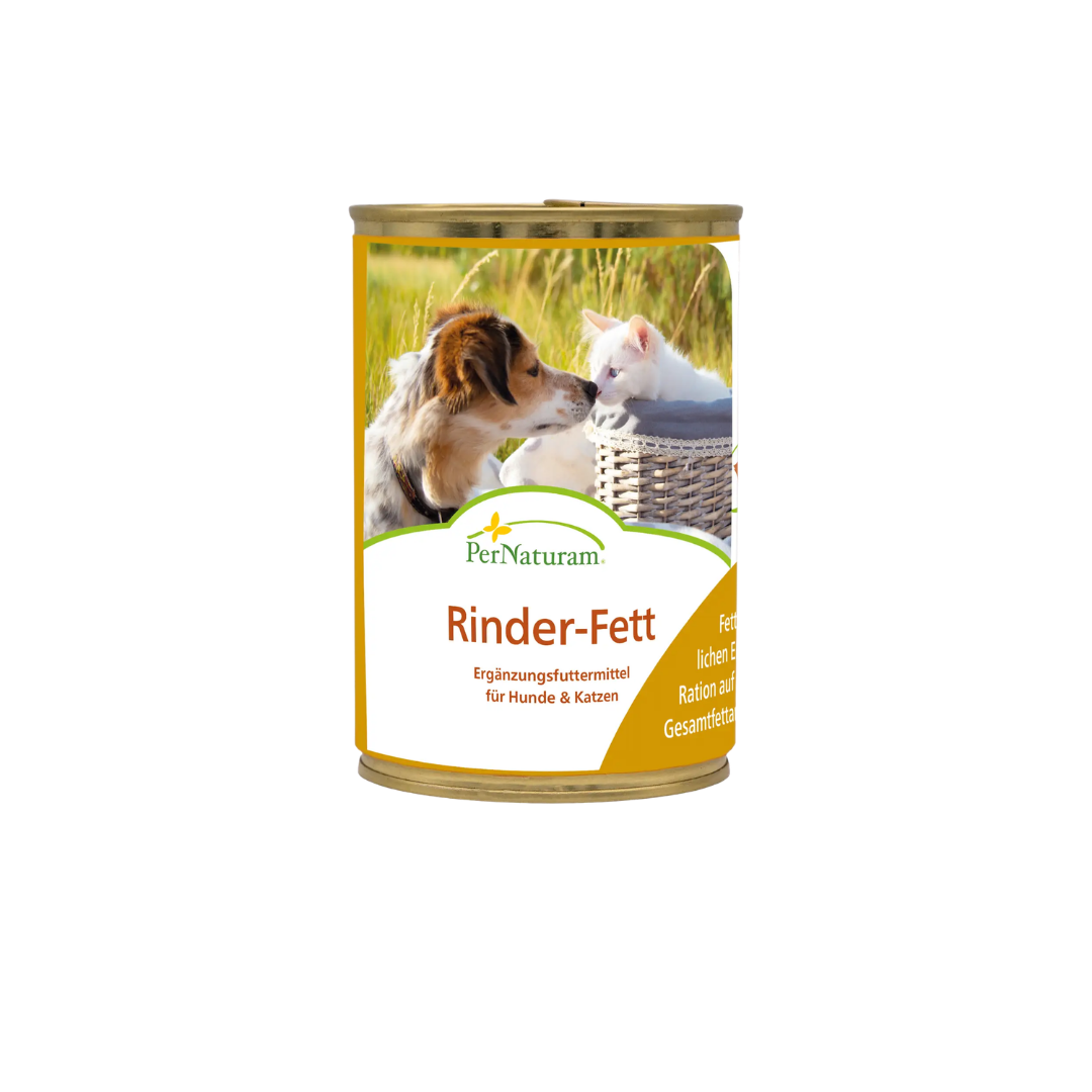 Dose mit Ergänzungsfuttermittel Rinder-Fett von PerNaturam mit Bild eines Hundes und einer Katze in einem Korb
