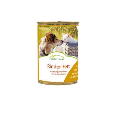 Dose mit Ergänzungsfuttermittel Rinder-Fett von PerNaturam mit Bild eines Hundes und einer Katze in einem Korb