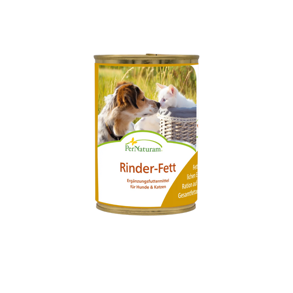 Dose mit Ergänzungsfuttermittel Rinder-Fett von PerNaturam mit Bild eines Hundes und einer Katze in einem Korb
