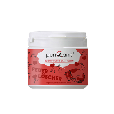 Weißer Kunststoffbehälter mit rotem Etikett und Aufdruck 'puriCanis', 'FEUERLÖSCHER', mit Illustrationen von Herzen, Flammen, einem Feuerlöscher und einem liegenden Hund