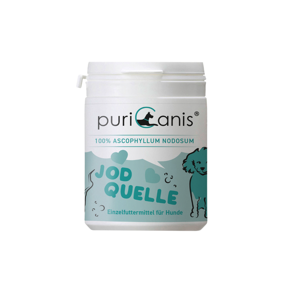 Weiß-grüne Dose mit der Aufschrift 'puriCanis', 'ERLESENE GARTENKRÄUTER', 'KÜCHENHELDEN' und 'Ergänzungsfuttermittel für Hunde', mit Zeichnung eines stehenden Hundes und Kräutern.