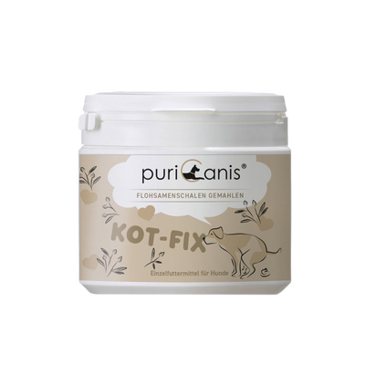 Weißer Behälter mit Aufschrift 'puri canis FLOHSAMENSCHALEN GEMAHLEN KOT-FIX Einzelfuttermittel für Hunde' und Zeichnung eines Hundes, der schnüffelt.