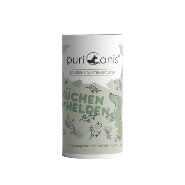 Weiß-grüne Dose mit der Aufschrift 'puriCanis', 'ERLESENE GARTENKRÄUTER', 'KÜCHENHELDEN' und 'Ergänzungsfuttermittel für Hunde', mit Zeichnung eines stehenden Hundes und Kräutern.