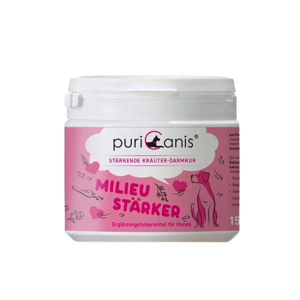 Weißer Behälter mit Aufschrift 'puricanis', 'Stärkende Kräuter-Darmkur', 'Milieustärker', Ergänzungsfuttermittel für Hunde, rosa Dekor mit Hundesilhouette und Pflanzenmotiven