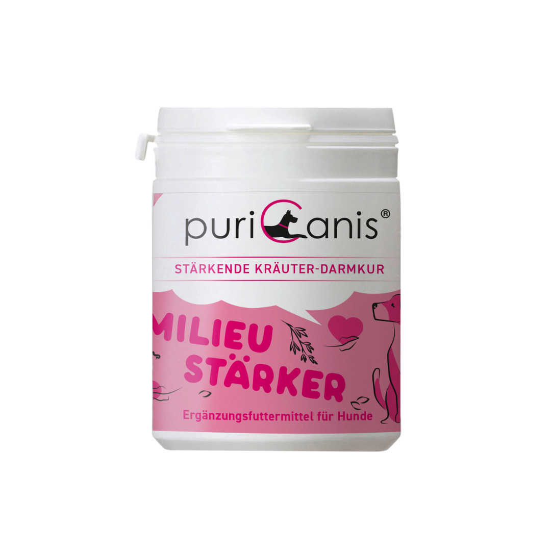 Weißer Behälter mit Aufschrift 'puricanis', 'Stärkende Kräuter-Darmkur', 'Milieustärker', Ergänzungsfuttermittel für Hunde, rosa Dekor mit Hundesilhouette und Pflanzenmotiven