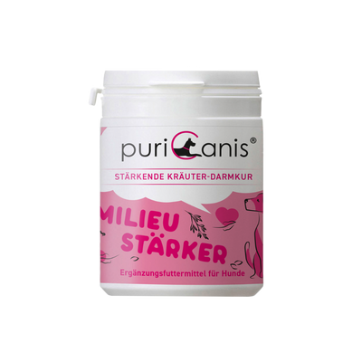 Weißer Behälter mit Aufschrift 'puricanis', 'Stärkende Kräuter-Darmkur', 'Milieustärker', Ergänzungsfuttermittel für Hunde, rosa Dekor mit Hundesilhouette und Pflanzenmotiven