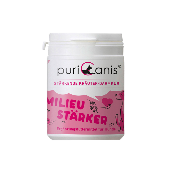 Weißer Behälter mit Aufschrift 'puricanis', 'Stärkende Kräuter-Darmkur', 'Milieustärker', Ergänzungsfuttermittel für Hunde, rosa Dekor mit Hundesilhouette und Pflanzenmotiven