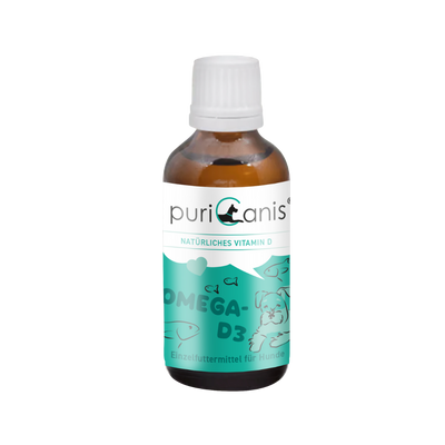 Braune Flasche mit weißem Schraubverschluss, Etikett mit Schrift 'puriCanis', 'NATÜRLICHES VITAMIN D', 'OMEGA-D3', Zeichnungen von Fischen und einem Hund, Produkt für Hunde