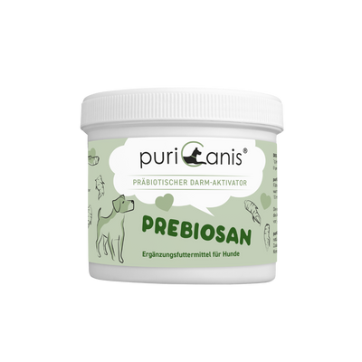 Dose mit grünem Etikett und Aufschrift 'puriCanis PRÄBIOTISCHER DARM-AKTIVATOR PREBIOSAN Ergänzungsfuttermittel für Hunde' mit Hundesilhouette und Fischzeichnungen
