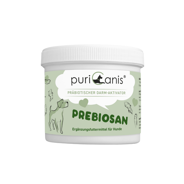 Dose mit grünem Etikett und Aufschrift 'puriCanis PRÄBIOTISCHER DARM-AKTIVATOR PREBIOSAN Ergänzungsfuttermittel für Hunde' mit Hundesilhouette und Fischzeichnungen