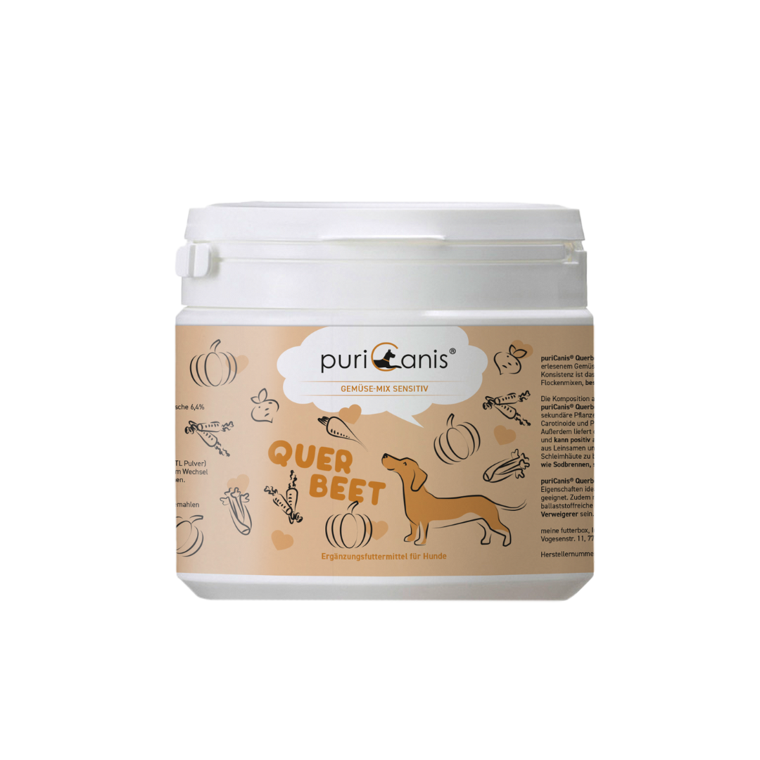 Weißer Kunststoffbehälter mit beigefarbenem Etikett, darauf das Logo puriCanis, ein orangenen Hund, Kürbisse, Karotten und die Aufschrift 'QUER BEET'.