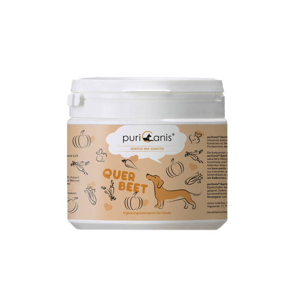 Weißer Kunststoffbehälter mit beigefarbenem Etikett, darauf das Logo puriCanis, ein orangenen Hund, Kürbisse, Karotten und die Aufschrift 'QUER BEET'.
